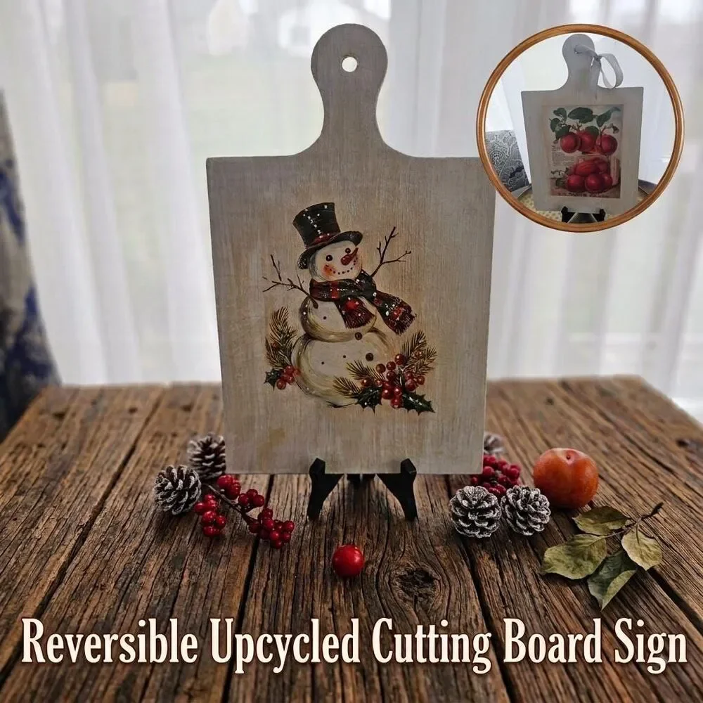 Upcycled Reversible Wood Cutting Board Sign – Vintage Plum & Winter Snowman